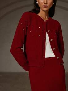 GENKIRA 2pcs Diamond Studded Crew Neck Sweater & Solid Color Mini Skirt Set - Red - View 1