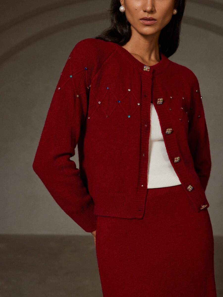 GENKIRA 2pcs Diamond Studded Crew Neck Sweater & Solid Color Mini Skirt Set - Red - View 1