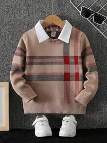 SHEIN 男童条纹长袖休闲毛衣，秋冬 - 卡其色 - 查看 4