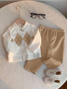 SHEIN 3 件套男婴休闲菱形背心、白衬衫、蓝色休闲裤套装，适合生日派对、晚会、表演、婚礼、迎婴派对、洗礼、1 岁生日庆祝 - 卡其色 - 查看 4