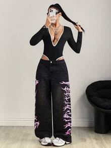 SHEIN Tall Fashionable Casual Low Waist Printed Wide Leg Straight Jeans - Black - View 7