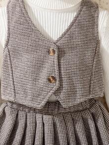 Souflis Souflis 两件套女婴优雅格子上衣搭配经典百褶裙套装，适合上学、外出和休闲场合，2025秋冬季法式风格 - 棕色 - 查看 9