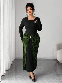 Elenzga Elegant Colorblock Twist Knot Bodycon Dress, Black & Green Patchwork, Metal Buckle Decor, Party Dress For Women, Spring/Autumn/Winter - Multicolor - View 4