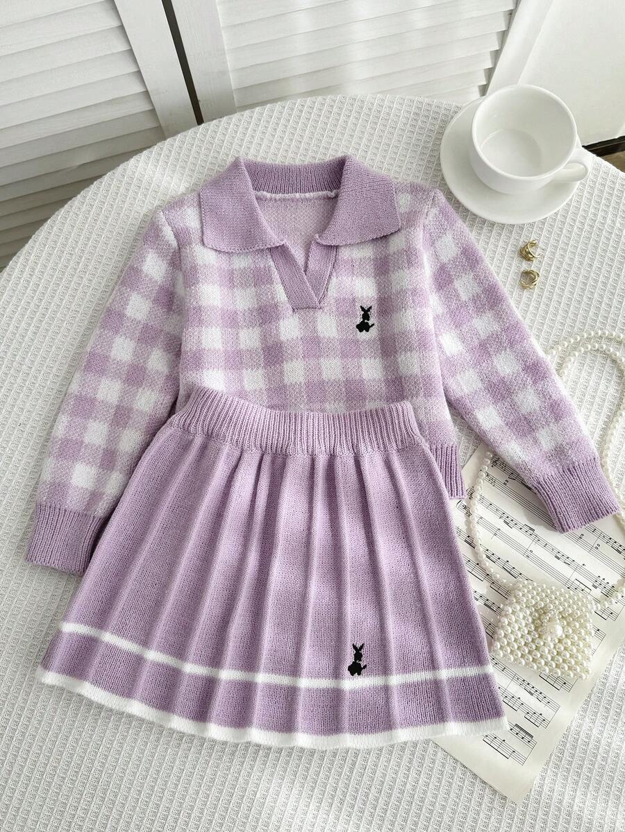 Souflis Souflis Young Girl Casual Plaid Knit Sweater And Skirt Set, Autumn/Winter