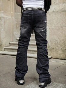 ROMWE MEN Street Life Men's Heavy Weight Layered Curve Sparkling Diamond Washed Denim Jeans - Black - View 4