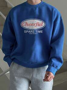 DAZY Men's Letter Print Round Neck Boxy Short Sweatshirt, Autumn/Winter - Royal Blue - View 6