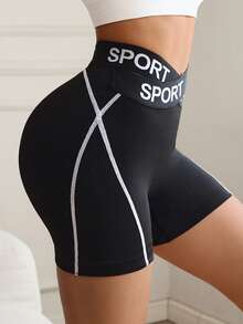 SHEIN Sports 1pc Women's Seamless Criss-Cross Waist High Elasticity Contrast Color Running Fitness Yoga Exercise Shorts - Black and White - View 4