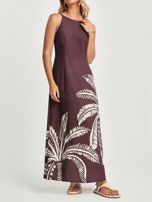 CAJUNI 休闲椰子树印花无袖连衣裙 - 棕色 - 查看 5