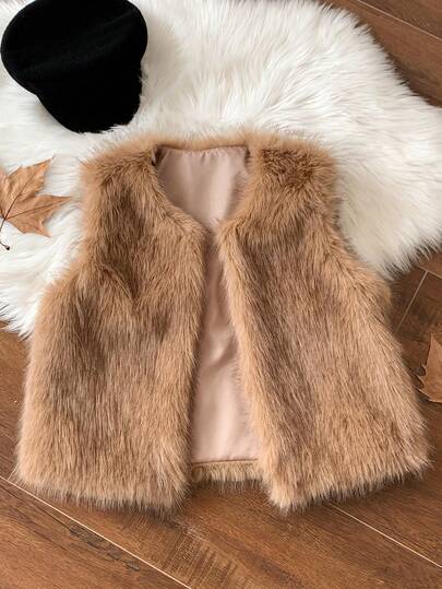 Comfortcana 女士时尚无袖仿皮草背心，秋冬女士棕色背心无袖外套，女士仿皮草背心无袖皮草外套，棕色皮草背心，女士奢华服装，女士冬季服装