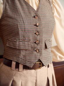 Vintamour Eleganckie damskie kamizelki w kratkę w serek, bez rękawów, brązowe, jesienne ubrania damskie, biznesowe, codzienne, damskie, na bal absolwentów, zimowe, biurowe, damskie, jesienne stroje damskie, bluzki jesienne, zimowe stroje damskie, zimowe ubrania damskie, jesienne ubrania, jesienne bluzki damskie, Cottage Core, urodzinowe stroje damskie, kamizelka, top, świąteczna koszula, świąteczne ubrania, ubrania do pracy, stare pieniądze - Kolor khaki - Zobacz 9