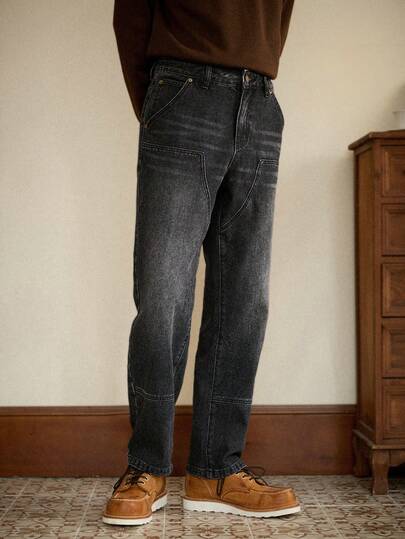 RivetRise Autumn/Winter Casual Washed Black Straight Slim Fit Distressed Knee Ripped Denim Jeans Tapered Thick Black Street Rave Cargo Denim Pants For Boyfriend & Husband