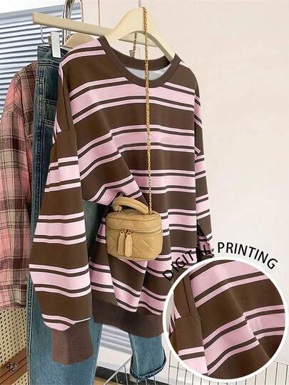 SHEIN Women's Colorful Striped Print Crew Neck Casual Sweatshirt, Long Sleeve, Autumn/Winter