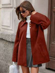 EURMUSE Women, Autumn, Regular Length, Pocket, Snap Button, Velvet Look, Casual, Dailywear - Redwood - View 5