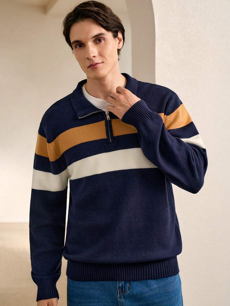 RONVEXI Pull décontracté à rayures color block pour hommes, automne/hiver, Top à manches longues - Multicolore - Voir 1