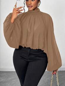 Maweii Plus Size Elegant Solid Color Pleated Lantern Sleeve Blouse, Autumn - Khaki - View 7