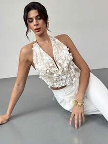 Firerie 女士时尚性感亮片露背吊带背心 - 杏色 - 查看 9