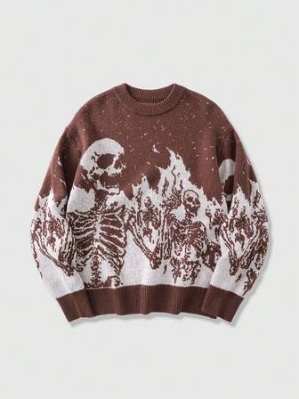 Street Life Men's Skull Jacquard Crew Neck Long Sleeve Sweater, Streetwear, Autumn/Winter