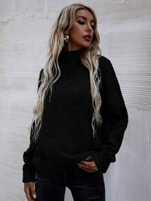 SHEIN LUNE Women's Solid Color High Neck Dropped Shoulder Long Sleeve Loose Casual Pullover Sweater, Autumn/Winter - Black - View 5