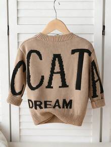 SHEIN 1 Áo len bé trai, cổ tròn, họa tiết jacquard thời trang, màu sắc rực rỡ, đa năng, dáng rộng, độ dày vừa phải, viền áo gọn gàng, cổ tay bó sát, chống xù, kết cấu mịn, thoải mái khi mặc thường ngày, ngoài trời và ở nhà, mùa thu/đông - Màu Khaki - Xem 2