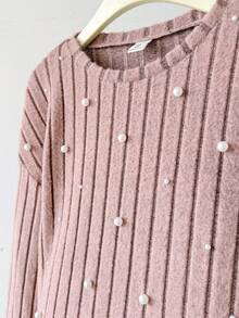 SHEIN 青少年女孩针织毛绒罗纹铆钉圆领宽松休闲长袖 T 恤 - 粉色 - 查看 5