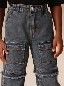 SUMWON Jungen Cargo Jeans im Teenager-Stil mit mehreren Taschen und Used-Optik für den lässigen Alltag - Dunkle Waschung - Übersicht 6