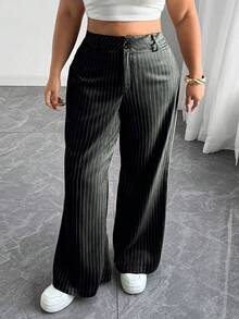 SHEIN Tall 大码女式条纹阔腿宽松舒适休闲裤 - 黑色 - 查看 1