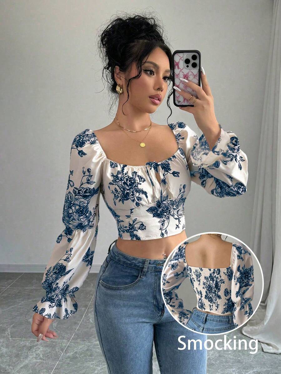 SHEIN Raffinéa 白色碎花喇叭袖抽绳腰女式衬衫 - 彩色 - 查看 1