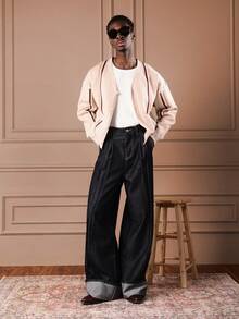 SUMWON 复古条纹纽扣开衫，罗纹饰边，前口袋，适合休闲分层穿着 - 卡其色 - 查看 5