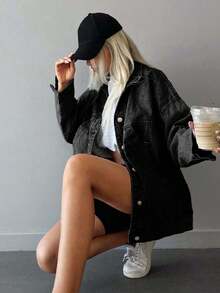 ZIRRA Women's Casual Loose Fit Drop Shoulder Long Sleeve Single-Breasted Denim Jacket, Autumn