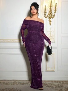 Roveilla Đầm ôm sát vai đính đá Rhinestone cỡ lớn, mặc dự tiệc - Màu tím - Xem 4