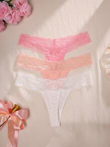Eraneu 3pcs/Pack Sexy Solid Color Seamless Lace Splice Thong Panties - Multicolor - View 2