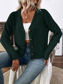 EMERY ROSE Versatile V-Neck Cardigan Sweater, Loose Casual Minimalist Open Front Knit Jacket For Women - Dark Green - View 6