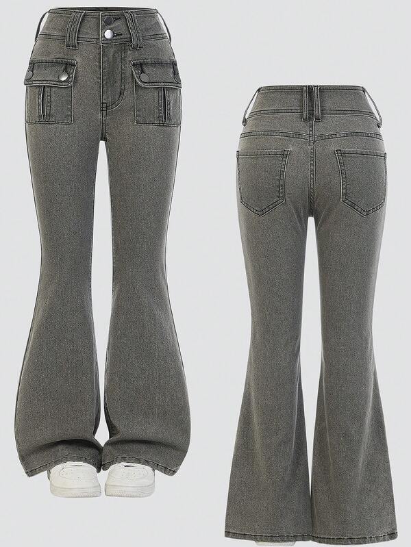 SHEIN Explorewe Tween Girls Jeans, Casual Fashion Minimalist Versatile Retro Black & Grey Washed Slim Fit Flare Jeans, Utility Pockets Wide Waistband Two-Button Design, Comfortable Stretch Denim For All Seasons, Essential Fashion Item For Girls Pants Flare Leg Flare Pants Girls Bellbottoms Jeans Flared Jean Gray Jeans For Teen Girls