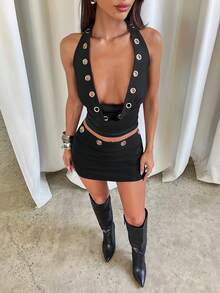 Aloruh Women's Sexy Shiny Silver Grommet Decor Bodycon Mini Skirt, Fall Autumn Black Skirt, For Back To School Homecoming School Rave Festival Country Concert Ibiza Nashville Western Wear Boho Streetwear Tropical Gyaru - Black - View 4