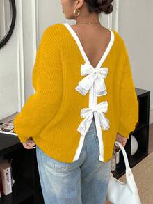 Elenzga 大码女式休闲蝴蝶结圆领长袖毛衣，秋冬 - 黃色 - 查看 1