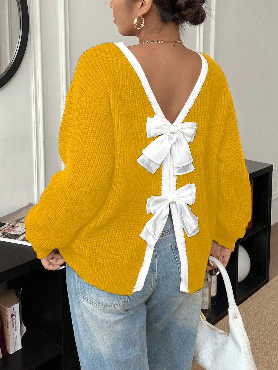 Elenzga 大码女式休闲蝴蝶结圆领长袖毛衣，秋冬 - 黃色 - 查看 1