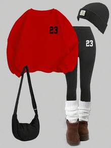 SHEIN EZwear 2 件套休闲宽松圆领运动衫和紧身打底裤，23 号，街头服饰，复古，返校，复古，秋季女士休闲装，秋冬，校服，乡村，嘻哈，街头服饰，运动，健身，健身房 - 彩色 - 查看 6