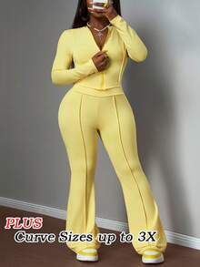 Slaydiva 新款秋冬休闲街头运动风日常约会基础款简约时尚小圆领长袖前中拉链紧身T恤开衫+宽腰头齿条纹装饰喇叭裤浅黄色针织套装运动服女装加大码两件套，舒适秋冬女装 - 黃色 - 查看 4