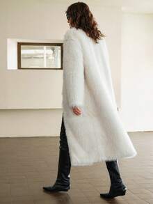 Ontre 2025 Women's Elegant Winter White Faux Fur Coat,Modern Urban Soft Milky Round Neck Loose H-Line Jacket,Evening Casual Commute Apparel With Pockets - Beige - View 3