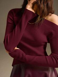 Ontre 女士纯色不对称肩部修身针织上衣，酒红色，适合工作、休闲、派对、情人节等多种场合