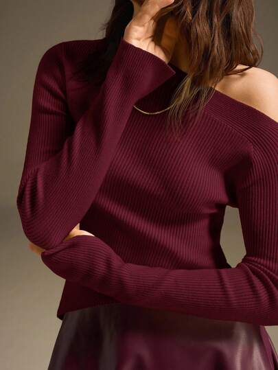 Ontre 女士纯色不对称肩部修身针织上衣，酒红色，适合工作、休闲、派对、情人节等多种场合