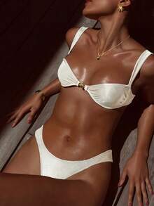 Swim Vcay 女士两件套度假沙滩套装，性感纯色金属外壳优雅白色比基尼套装，适合夏季