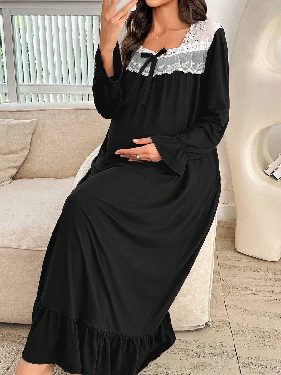 Moonlight&Mama Maternity Embroidered Lace Patchwork Square Neck Long Sleeve Casual Nightgown, Winter Long Sleeve Nightgown Black Nightgown Women Pajama Dress Maternity Nightgowns - Black - View 1