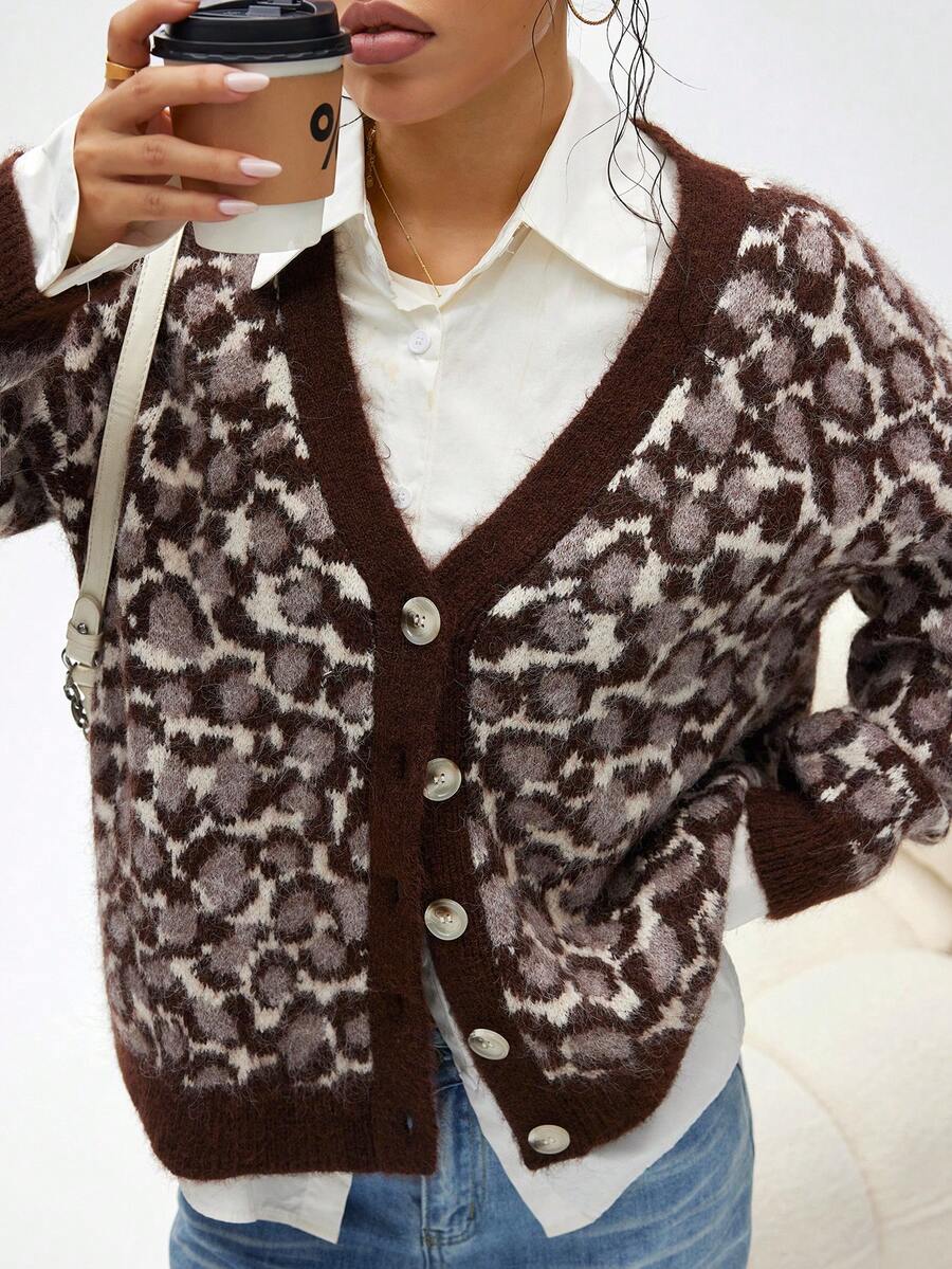 Lunelith SHEIN Lunessa Cardigan de malha feminino, outono/inverno, novo, cáqui, estampa de leopardo, solto, retrô, casual, versátil, moderno, urbano, relaxado, gola V