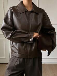 DAZY 女士休闲皮夹克，常规版型，秋季女式外套 - 咖啡棕 - 查看 3