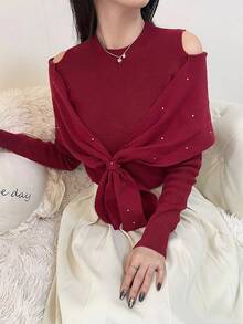 FRIFUL Suéter casual versátil de mujer de cuello redondo sólido rojo, de manga larga con hombros descubiertos, 2 en 1 con cuello de chal, decoración de rhinestones, ajustado y delgado, para otoño/invierno - Rojo - Ver 3