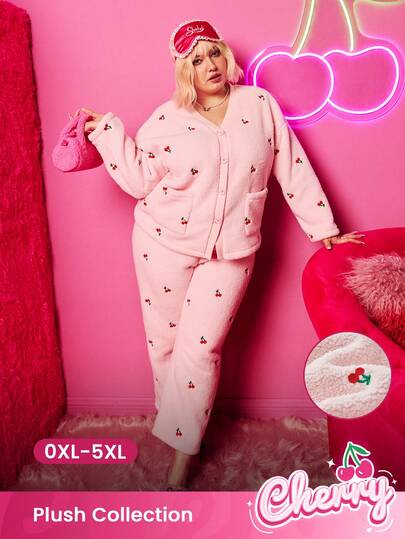 LUVLETTE 大码冬季基础款柔软保暖女士印花长袖睡衣套装，粉色樱桃图案两件套，圣诞节和新年睡衣款式 2025