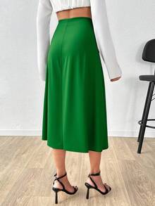 EURMUSE High Waist Solid Color Slit Thigh Elegant Skirt - Hijau - View 2