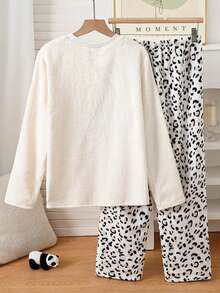 少女米色熊猫刺绣毛绒运动衫，搭配豹纹毛绒厚实舒适的长袖裤，家居服套装 - 杏色 - 查看 2