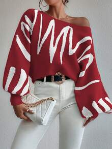 Celisse Sweater Pullover Longgar Lengan Kelelawar Motif Garis-garis Musim Gugur/Dingin untuk Wanita - MultiWarna - View 6
